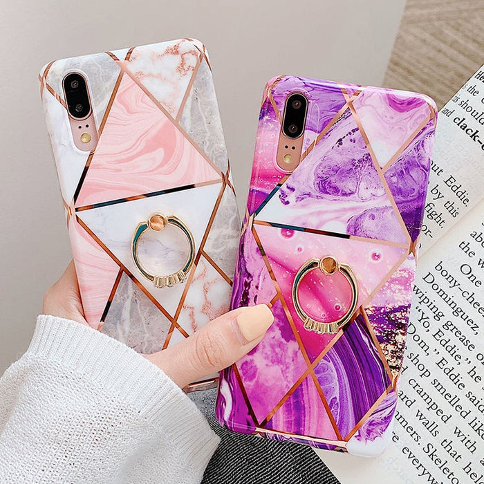 Geometric Marble Finger ring Case Huawei P20 P30 Pro Lite Mate 20 Pro
