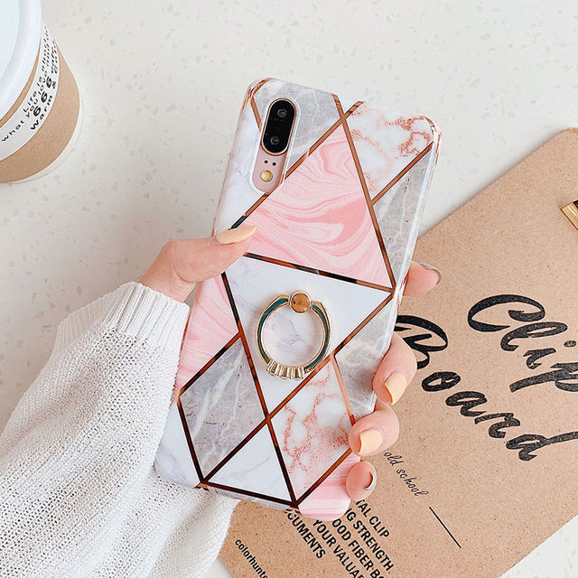 Geometric Marble Finger ring Case Huawei P20 P30 Pro Lite Mate 20 Pro
