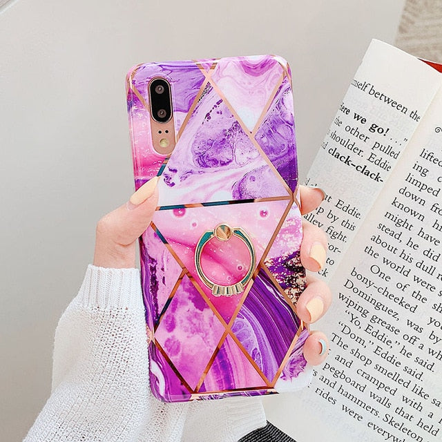 Geometric Marble Finger ring Case Huawei P20 P30 Pro Lite Mate 20 Pro
