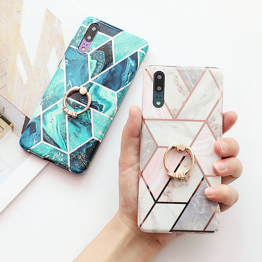 Geometric Marble Diamond Finger Ring Case Huawei P20 P30 Pro Lite Mate 20 Pro
