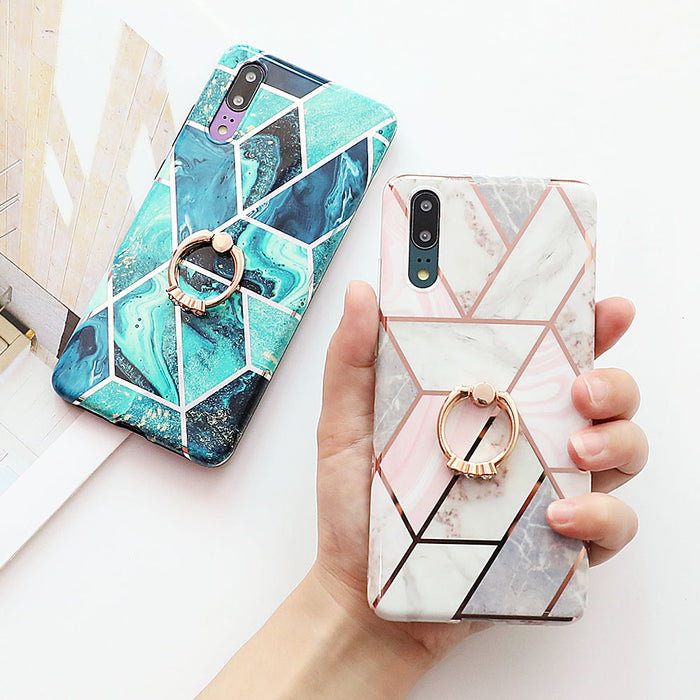 Geometric Marble Diamond Finger Ring Case Huawei P20 P30 Pro Lite Mate 20 Pro