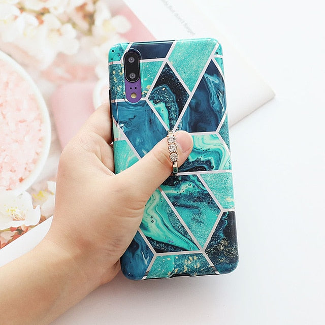 Geometric Marble Diamond Finger Ring Case Huawei P20 P30 Pro Lite Mate 20 Pro